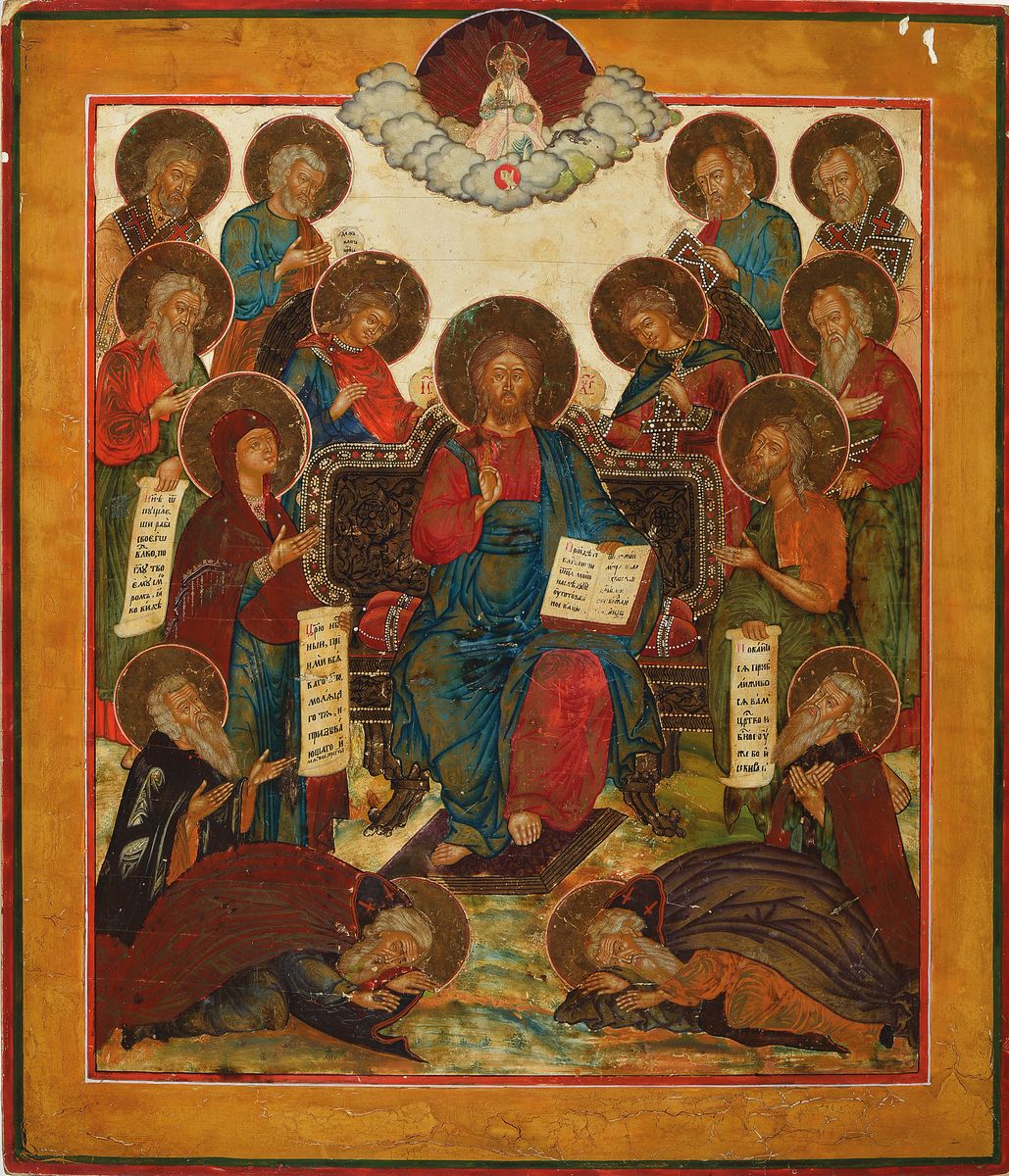 Ikone, Russland, 2. Hälfte 19. Jh., Lehrender Christus unter dem Mandylion, Tempera auf Holz, Goldstaffage, kleinere Oberflächenschäden, ca. ...