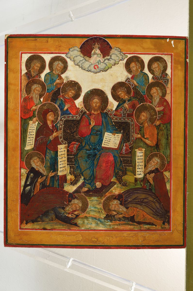 Detail k: Ikone, Russland, 2. Hälfte 19. Jh., Lehrender Christus unter dem Mandylion, Tempera auf Holz, Goldstaffage, kleinere Oberflächenschäden, ca. ...