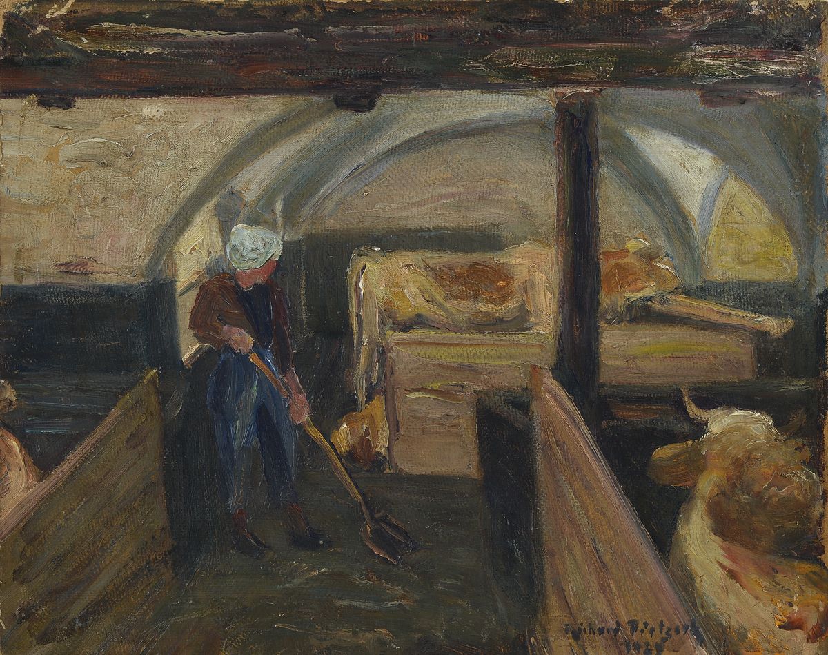 Richard Pietzsch, 1872 Dresden-1960 München, Kuhstall I, so rückseitig betitelt, Öl auf Malkarton, rechts unten signiert und dat. 1935, ca. 39x48cm