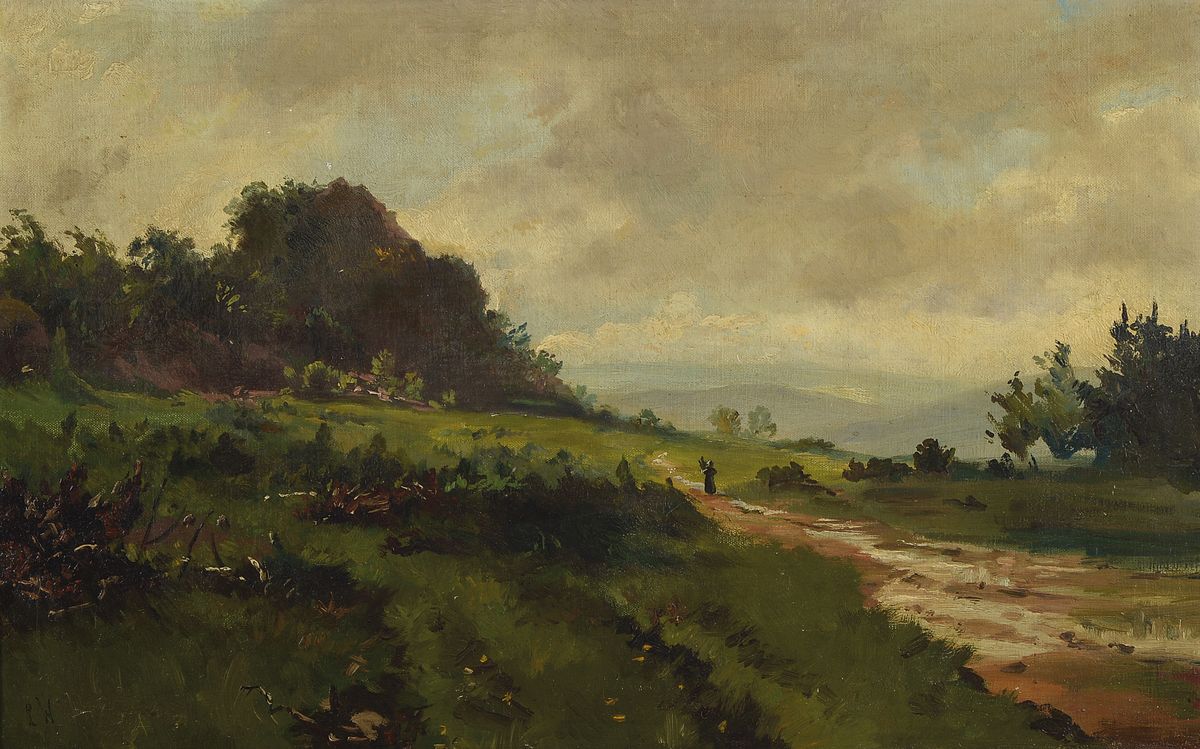 Ludwig Willroider, 1845 Villach - 1910 Bernried, süddeutsche Landschaft, Öl/Platte, li. u. monogrammiert, ca. 32 x 50 cm, vergoldeter Rahmen ca. ...