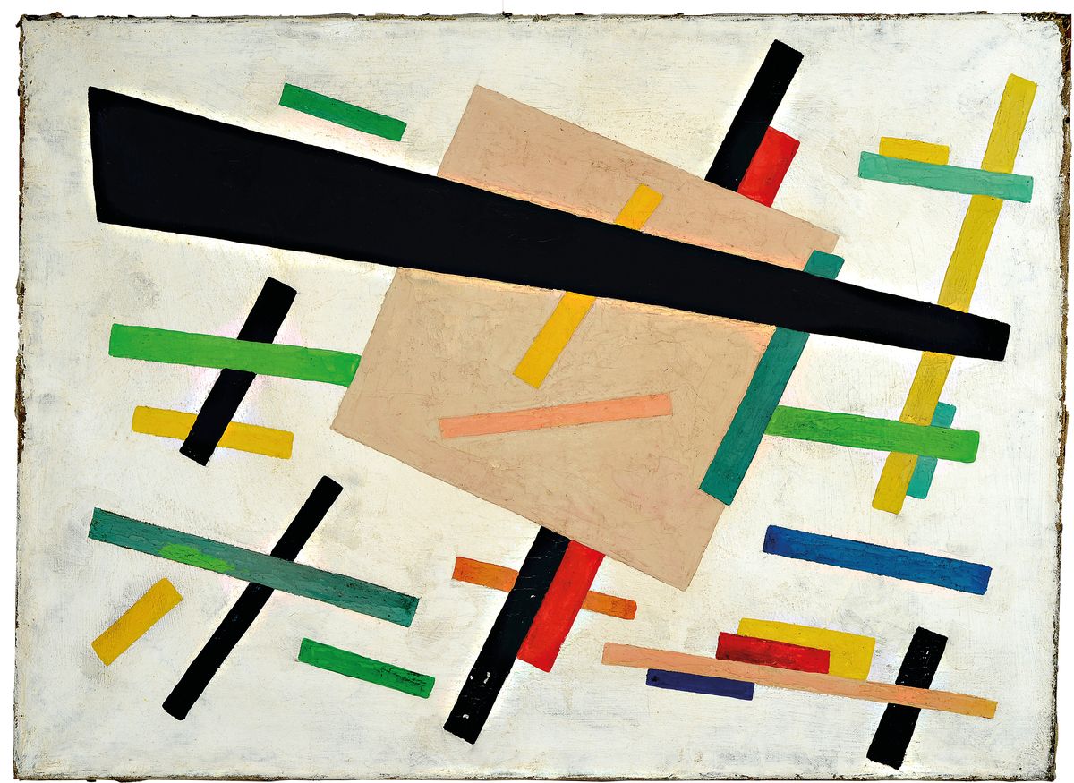 Unbekannter Künstler der russischen Avantgarde, Abstrakte Komposition auf weißem Grund, Öl/Lwd, Randschäden, ca. 62x45cm