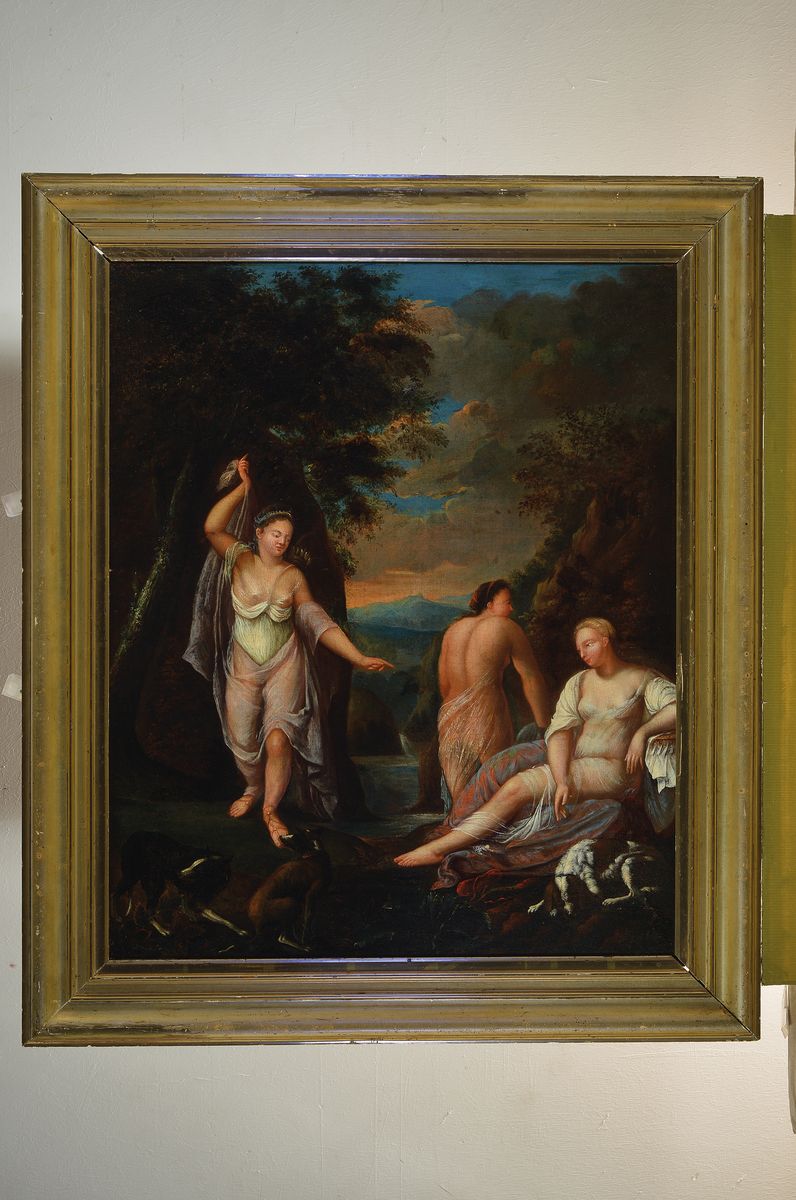Detail k: Unbekannter Kopist um 1830 nach Vorbild des Nicolaes Hooft (1667-1748 Den Haag), Diana mit Nymphen in Waldlandschaft, Öl/Lwd, doubliert, ca. 71x58.5 ...