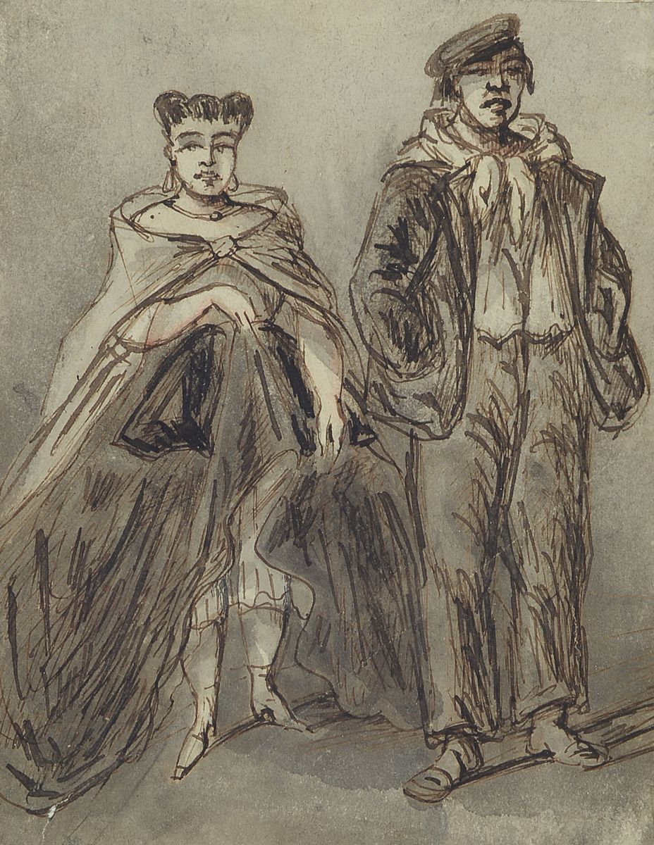 Zuschreibung: Constantin Guys, 1802-1892, Lorette et l'apache, aquarellierte Tuschfederzeichnung, am unteren Rand minimal eingerissen, im ...