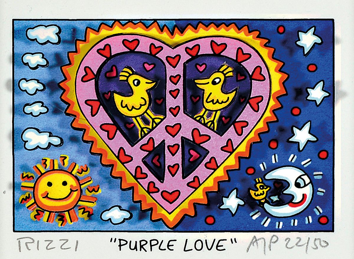 James Rizzi, 1950-2011, "Purple Love", drucksign., num., unter Glas gerahmt, gesamt ca. 21,5x26 cm