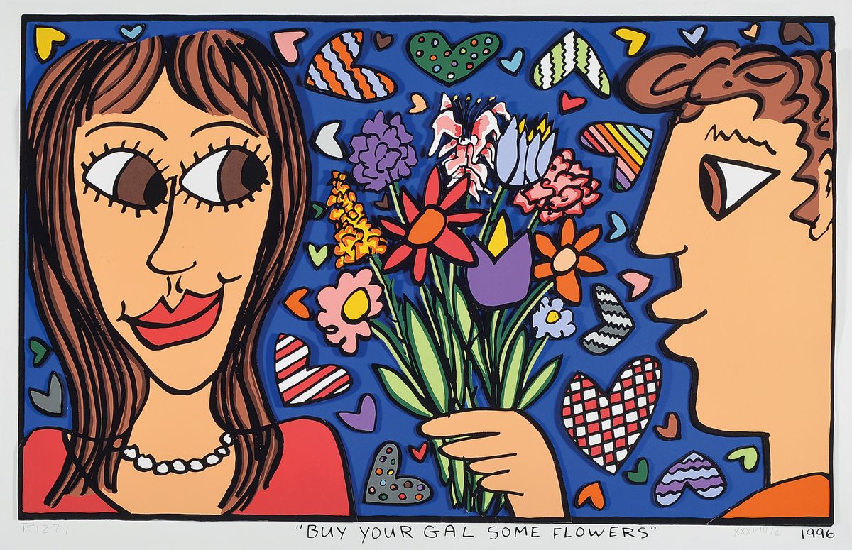 James Rizzi, 1950-2011, "Buy your Gal some Flowers", sign., num. dat., 3D-Konstruktion, unter Glas gerahmt, gesamt ca. 76x97 cm