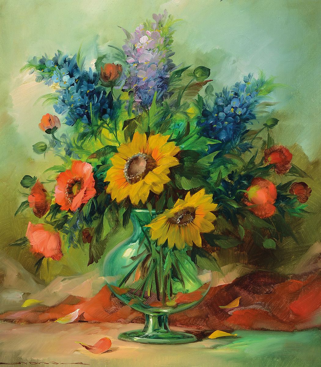 Eduard Nowak, geb. 1921 Herne, Studium an der Academy of Fine Arts Chicago, hier: Stillleben mit Sommerblumen, Öl/Lwd, signiert, ca. 71x61cm, Rahmen