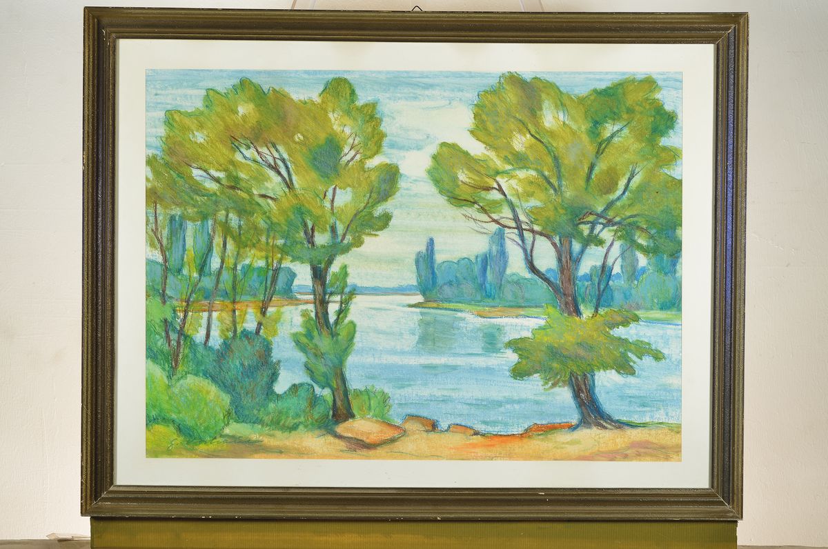 Detail k: Georg Vorhauer, 1903 Paris-1981 Neustadt, Altrheinlandschaft, Mischtechnik (Pastell und Wachs), links unten signiert, ca. 47x64cm, PP, u.Gl., R. ca. ...
