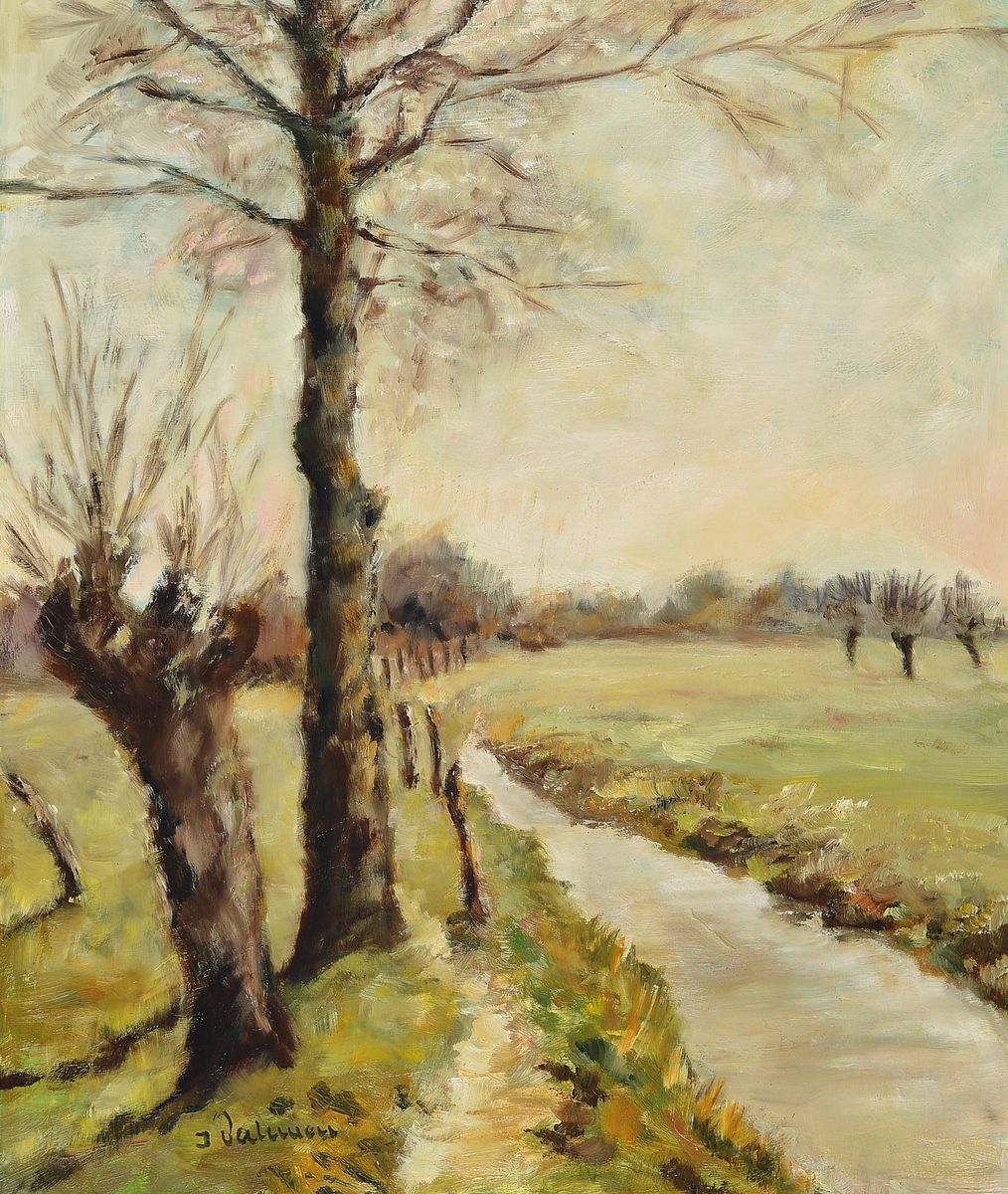 Unleserlich signiert, deutsch, 1950er/60er Jahre, Kopfweiden am Bachlauf, Öl/Hartfaser, links unten unleserlich signiert, ca. 60x50cm, R. ca. 71x61cm