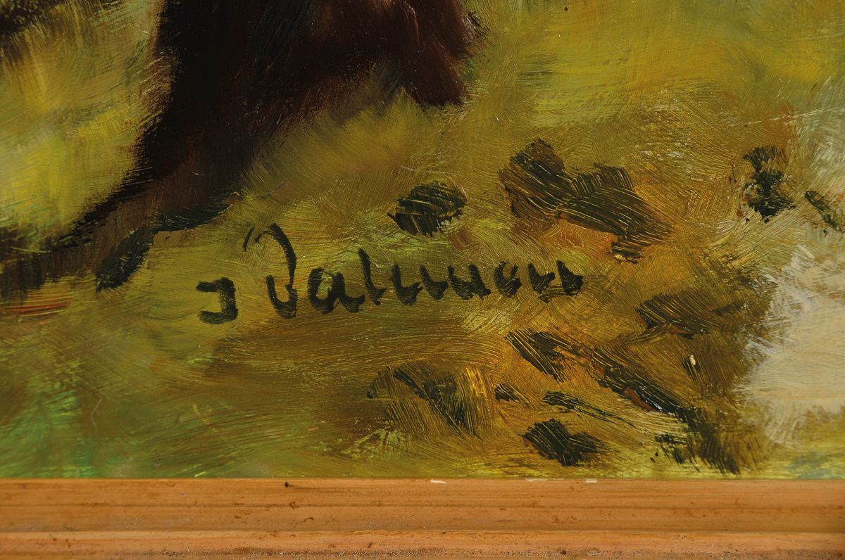 Detail a: Unleserlich signiert, deutsch, 1950er/60er Jahre, Kopfweiden am Bachlauf, Öl/Hartfaser, links unten unleserlich signiert, ca. 60x50cm, R. ca. 71x61cm