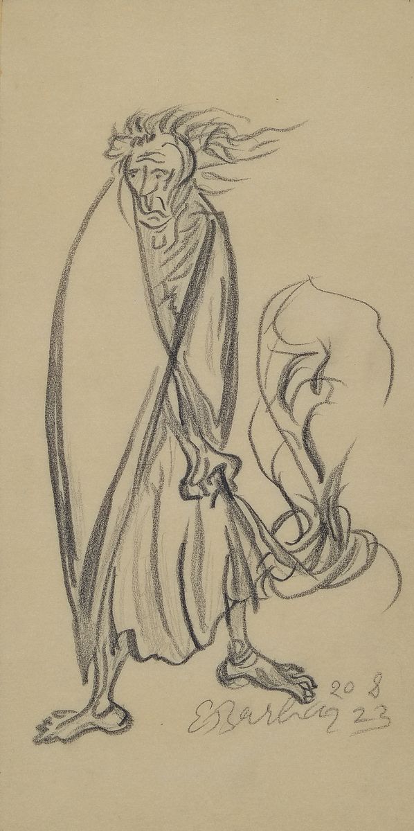 Ernst Barlach, 1870 Wedel-1938 Rostock, stehende männliche Figur, etwas hinter sich her ziehend, Bleistiftzeichnung auf Papier, rechts unten ...