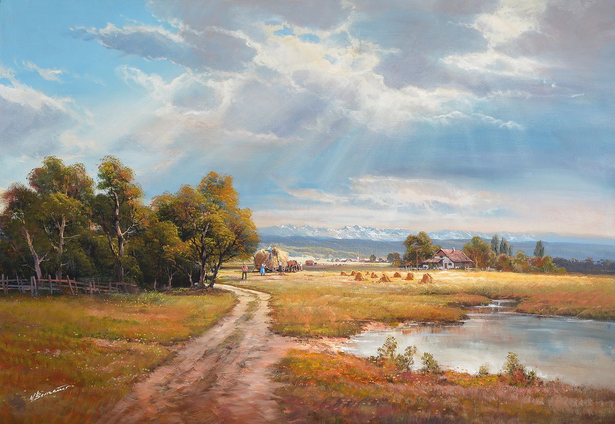 W. Bernauer, Münchener Schule, 70er Jahre, Heuernte mit Blick auf die Alpen, Öl/Lwd, signiert, ca. 70 x 90 cm, Prunkrahmen: 92 x 121 cm