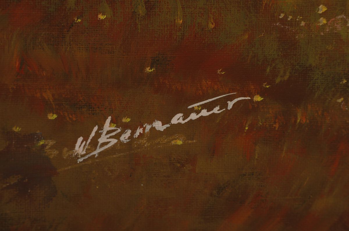 Detail a: W. Bernauer, Münchener Schule, 70er Jahre, Heuernte mit Blick auf die Alpen, Öl/Lwd, signiert, ca. 70 x 90 cm, Prunkrahmen: 92 x 121 cm