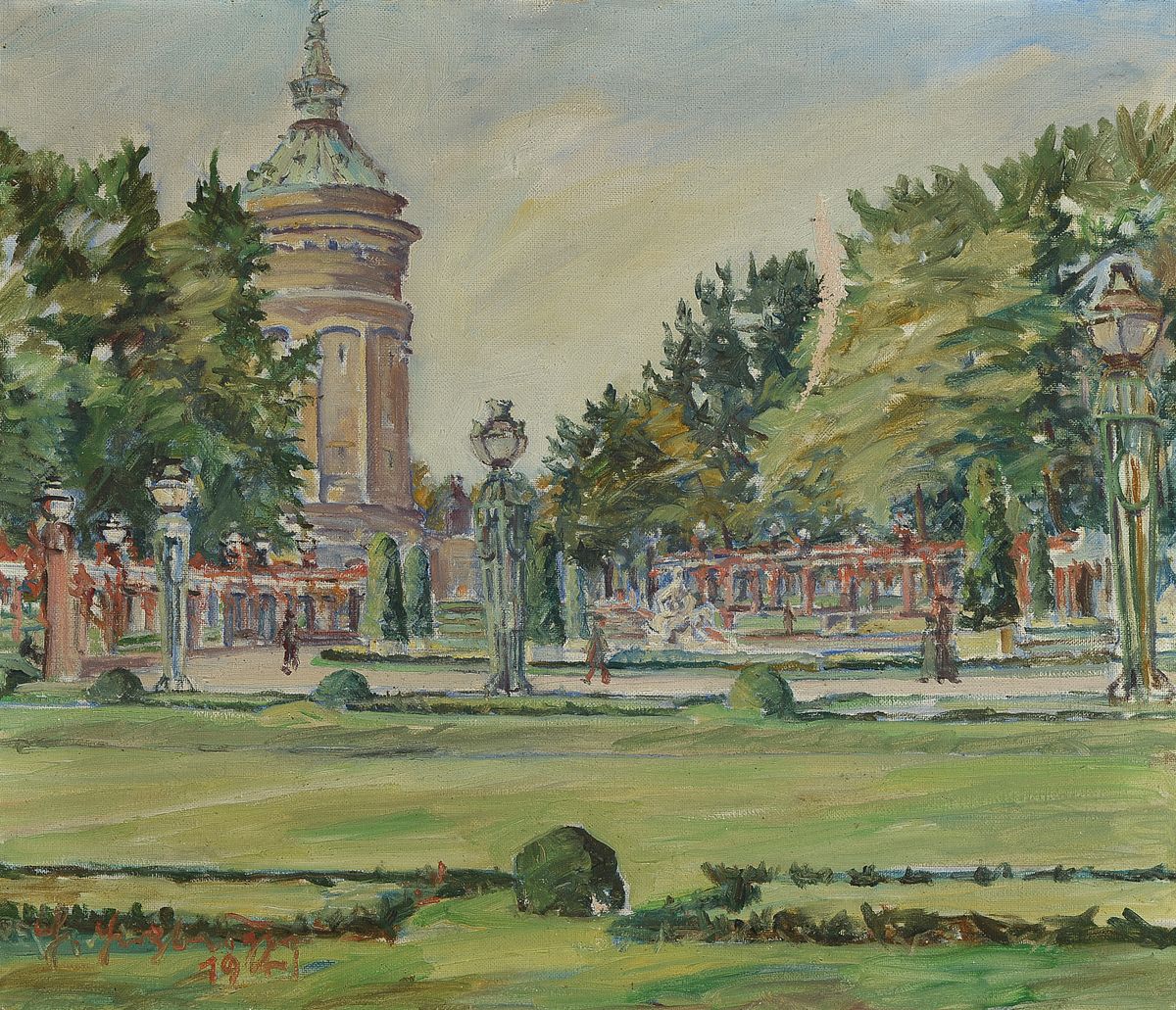 H. Herzberger oder ähnlich, dat. 1941, Wasserturm in Mannheim, Öl/Lwd, signiert, datiert, Farbfehlstelle vor allem zwischen den Bäumen,ca. 57 x 68 ...