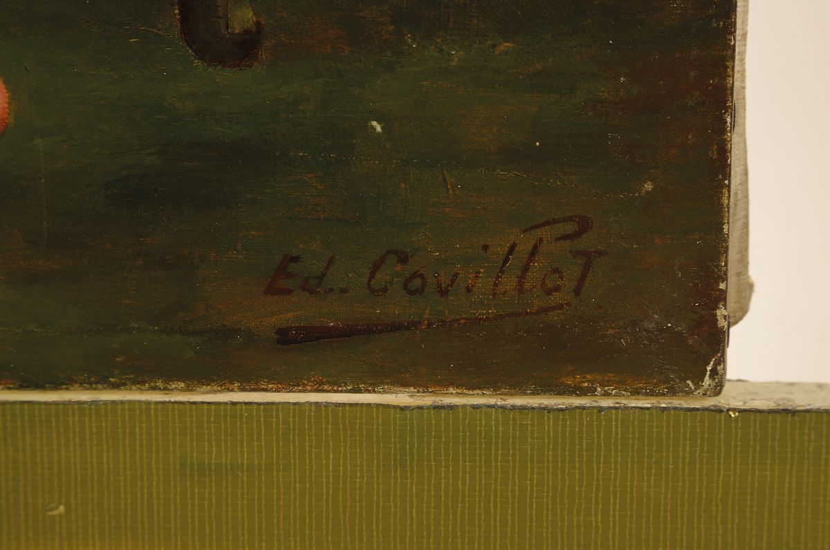 Detail a: Edouard Covillot, französischer Maler Anfang 20. Jh., junger Frauenakt, sich im Spiegel betrachtend, seitlich chinesische Kleinmöbel und eine ...
