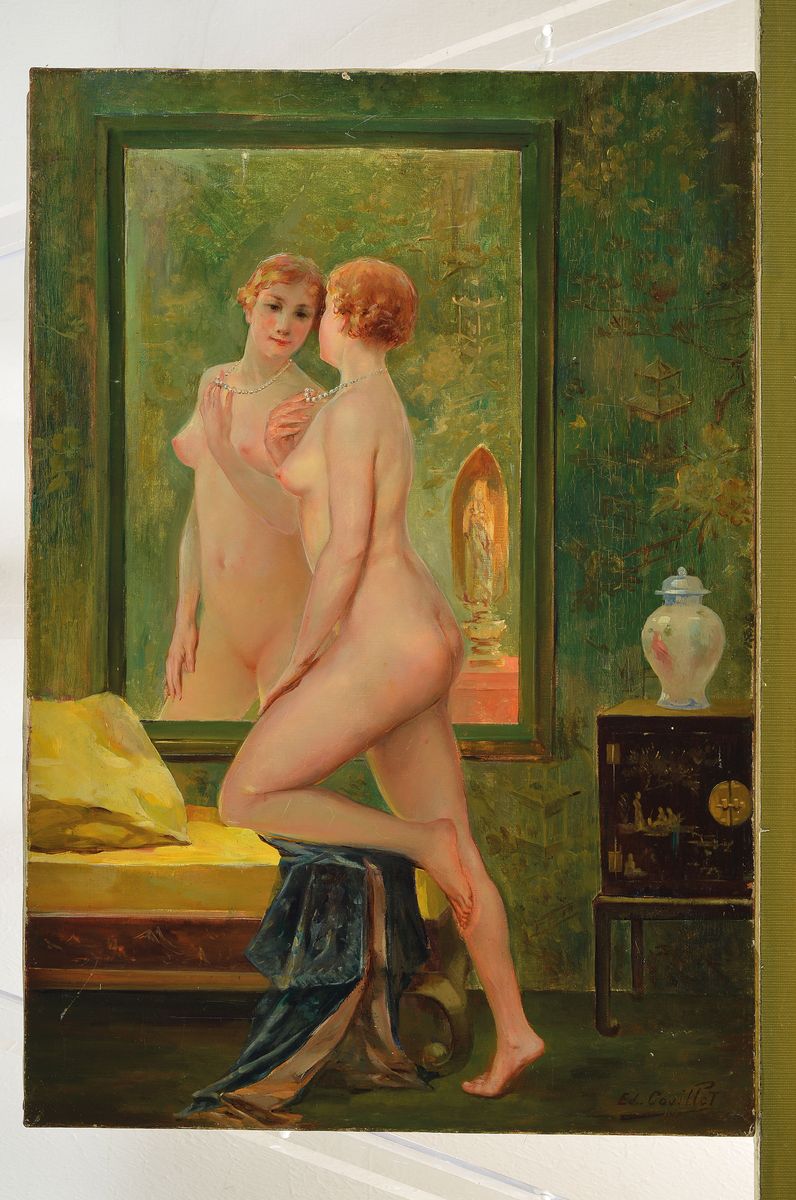 Detail k: Edouard Covillot, französischer Maler Anfang 20. Jh., junger Frauenakt, sich im Spiegel betrachtend, seitlich chinesische Kleinmöbel und eine ...