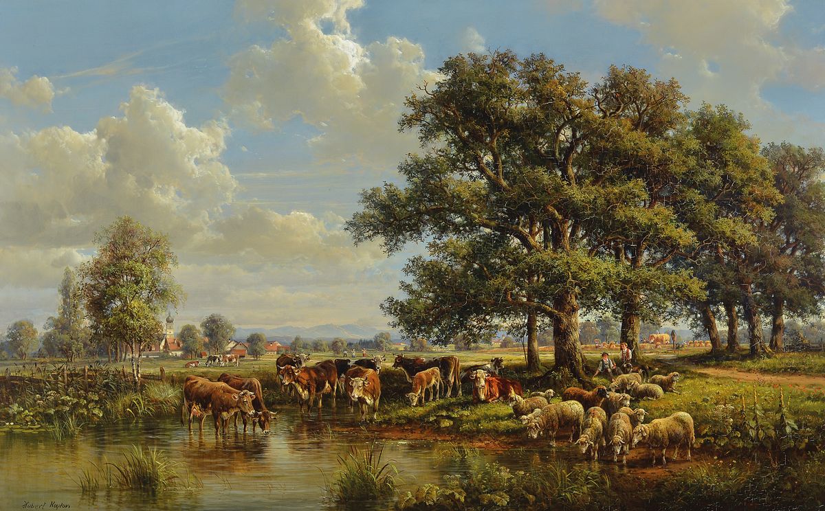 Hubert Kaplan, 1940 München, süddeutsche Landschaft mit Vieh an der Tränke, reiche, teilweise miniaturhafte Malerei, gekonnte Wolkenformationen am ...