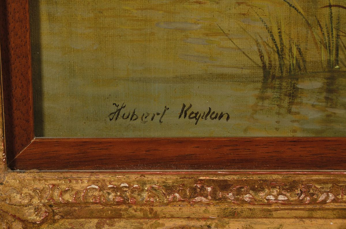 Detail a: Hubert Kaplan, 1940 München, süddeutsche Landschaft mit Vieh an der Tränke, reiche, teilweise miniaturhafte Malerei, gekonnte Wolkenformationen am ...