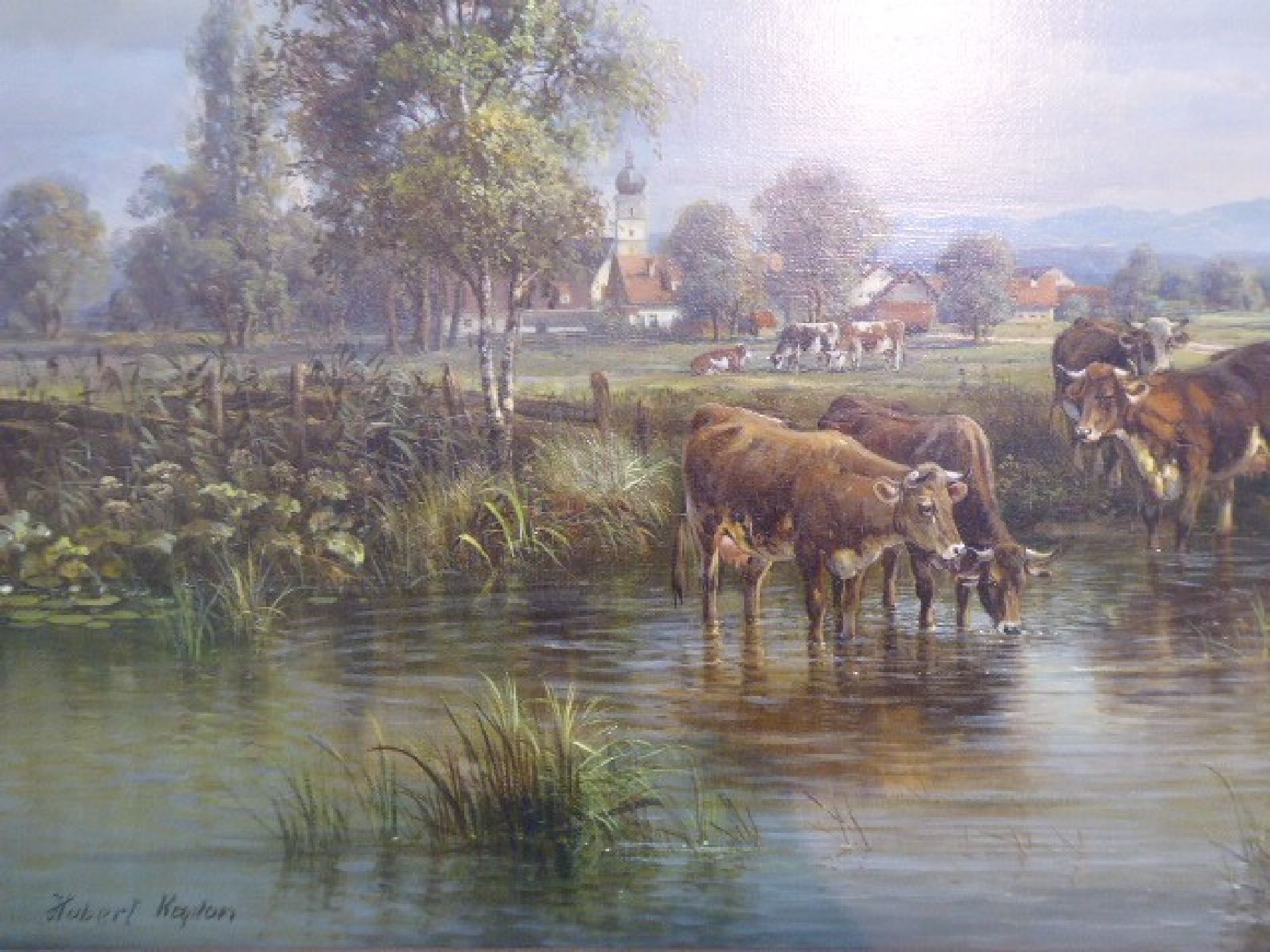Detail b: Hubert Kaplan, 1940 München, süddeutsche Landschaft mit Vieh an der Tränke, reiche, teilweise miniaturhafte Malerei, gekonnte Wolkenformationen am ...