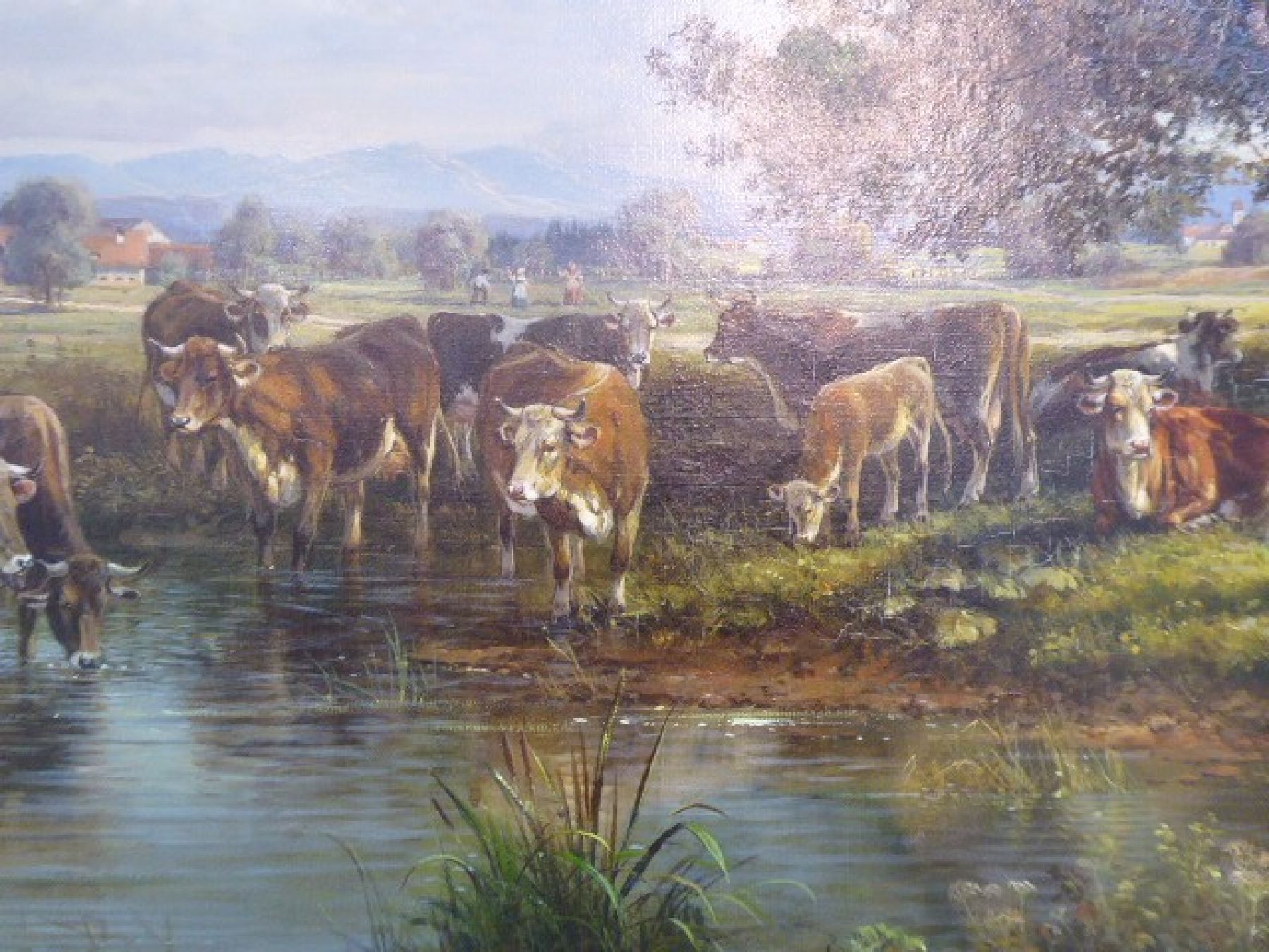 Detail c: Hubert Kaplan, 1940 München, süddeutsche Landschaft mit Vieh an der Tränke, reiche, teilweise miniaturhafte Malerei, gekonnte Wolkenformationen am ...