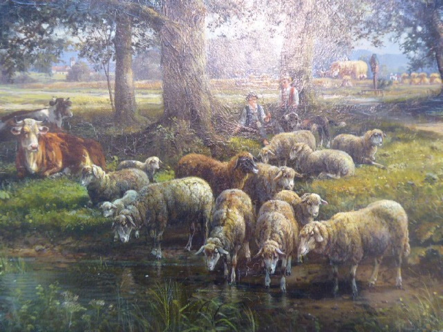 Detail d: Hubert Kaplan, 1940 München, süddeutsche Landschaft mit Vieh an der Tränke, reiche, teilweise miniaturhafte Malerei, gekonnte Wolkenformationen am ...