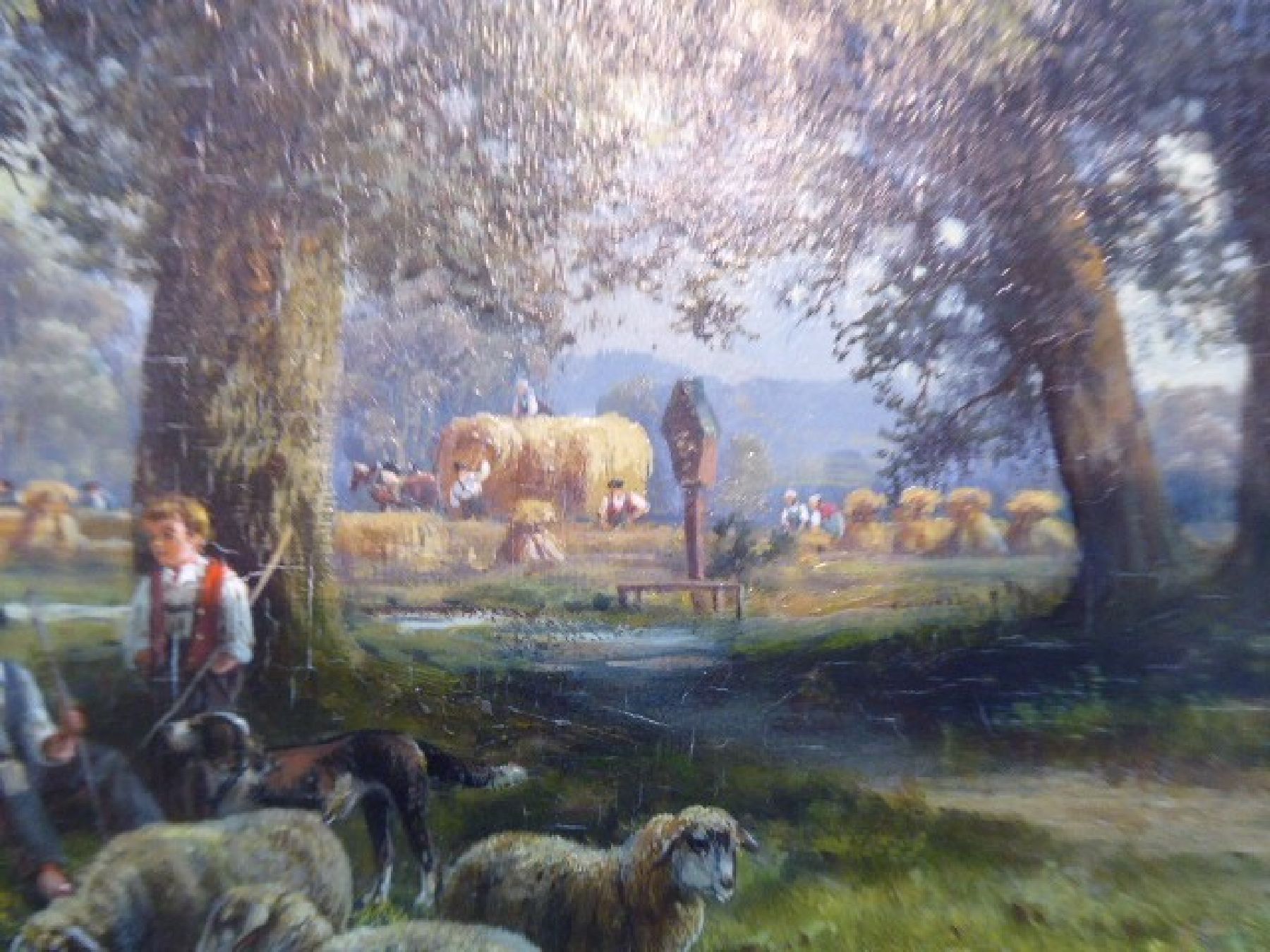 Detail e: Hubert Kaplan, 1940 München, süddeutsche Landschaft mit Vieh an der Tränke, reiche, teilweise miniaturhafte Malerei, gekonnte Wolkenformationen am ...