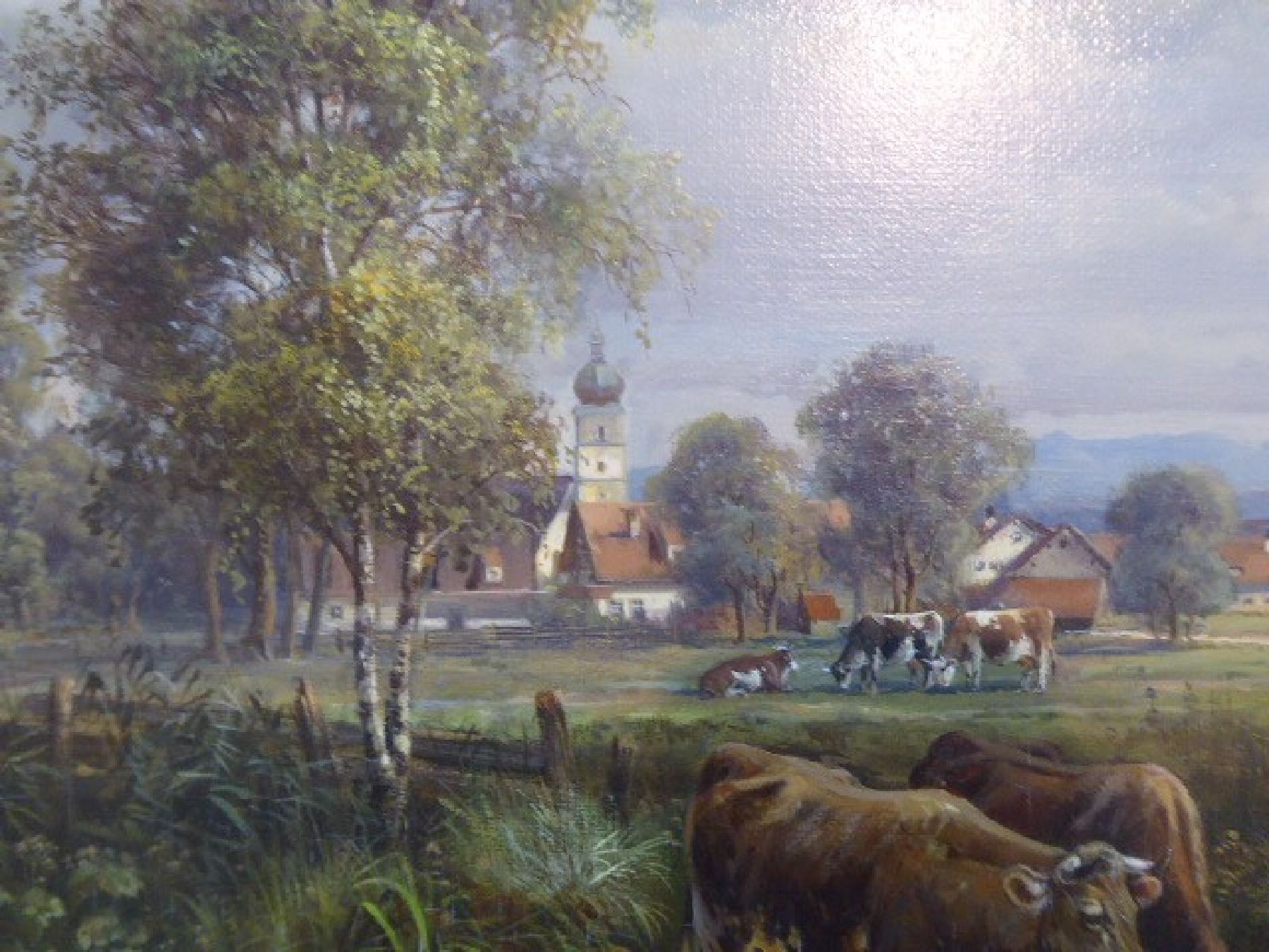 Detail f: Hubert Kaplan, 1940 München, süddeutsche Landschaft mit Vieh an der Tränke, reiche, teilweise miniaturhafte Malerei, gekonnte Wolkenformationen am ...