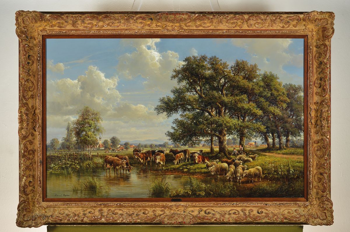 Detail k: Hubert Kaplan, 1940 München, süddeutsche Landschaft mit Vieh an der Tränke, reiche, teilweise miniaturhafte Malerei, gekonnte Wolkenformationen am ...