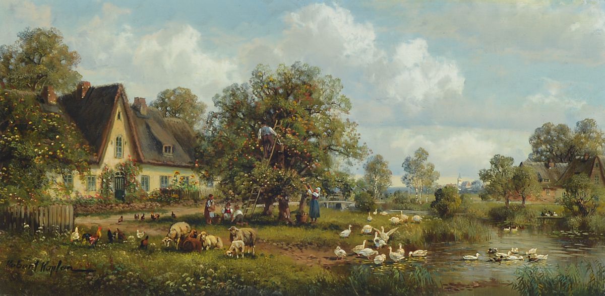 Hubert Kaplan, geb. 1940 München, bäuerliche Idylle mit Apfelernte und Tieren, detailreiche Schilderung des bäuerlichen Lebens, im Hintergrund ...