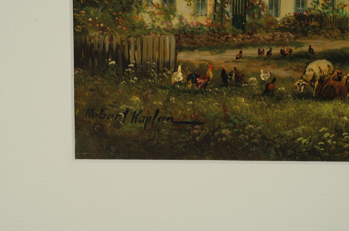 Detail a: Hubert Kaplan, geb. 1940 München, bäuerliche Idylle mit Apfelernte und Tieren, detailreiche Schilderung des bäuerlichen Lebens, im Hintergrund ...