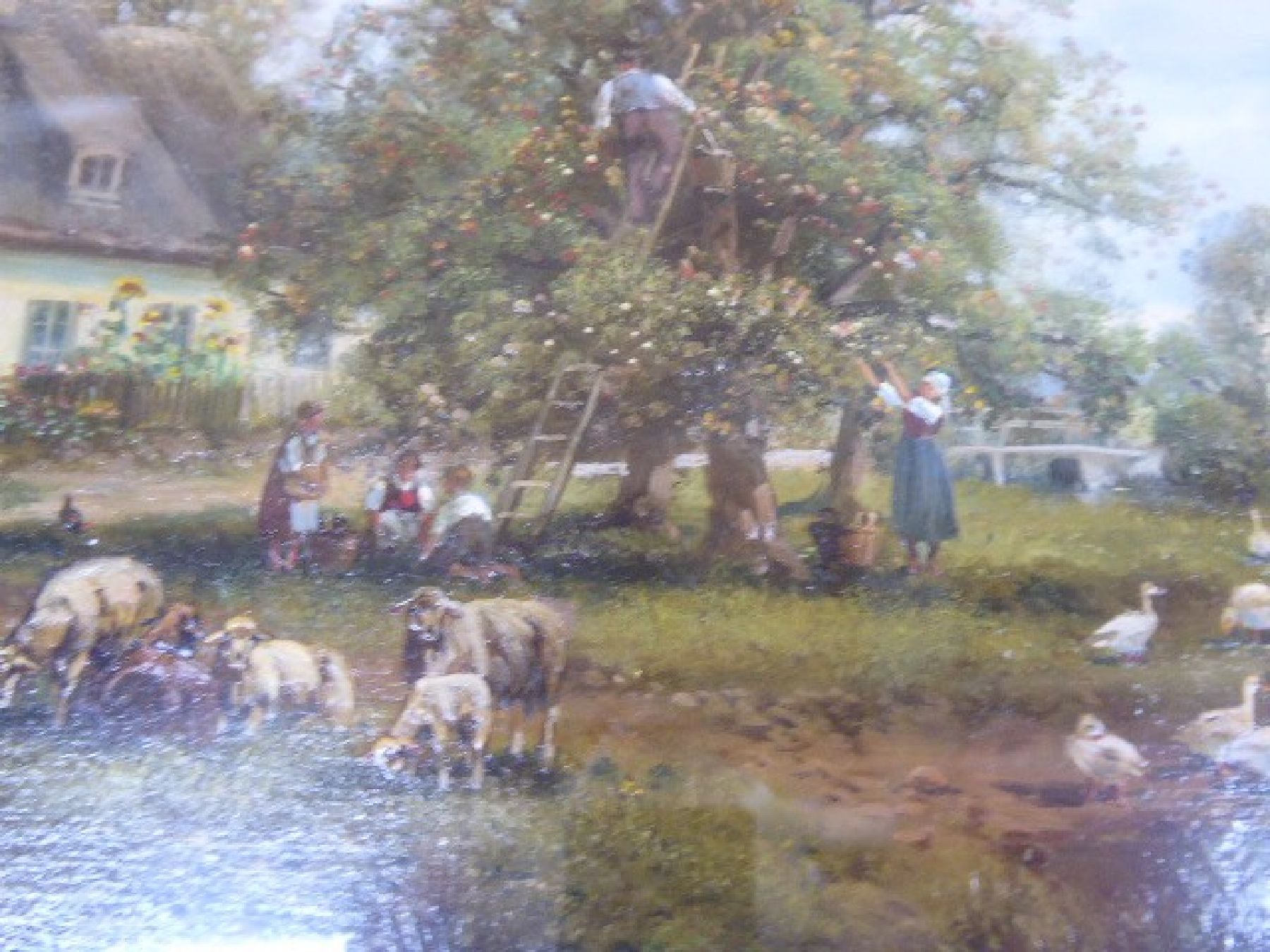 Detail d: Hubert Kaplan, geb. 1940 München, bäuerliche Idylle mit Apfelernte und Tieren, detailreiche Schilderung des bäuerlichen Lebens, im Hintergrund ...