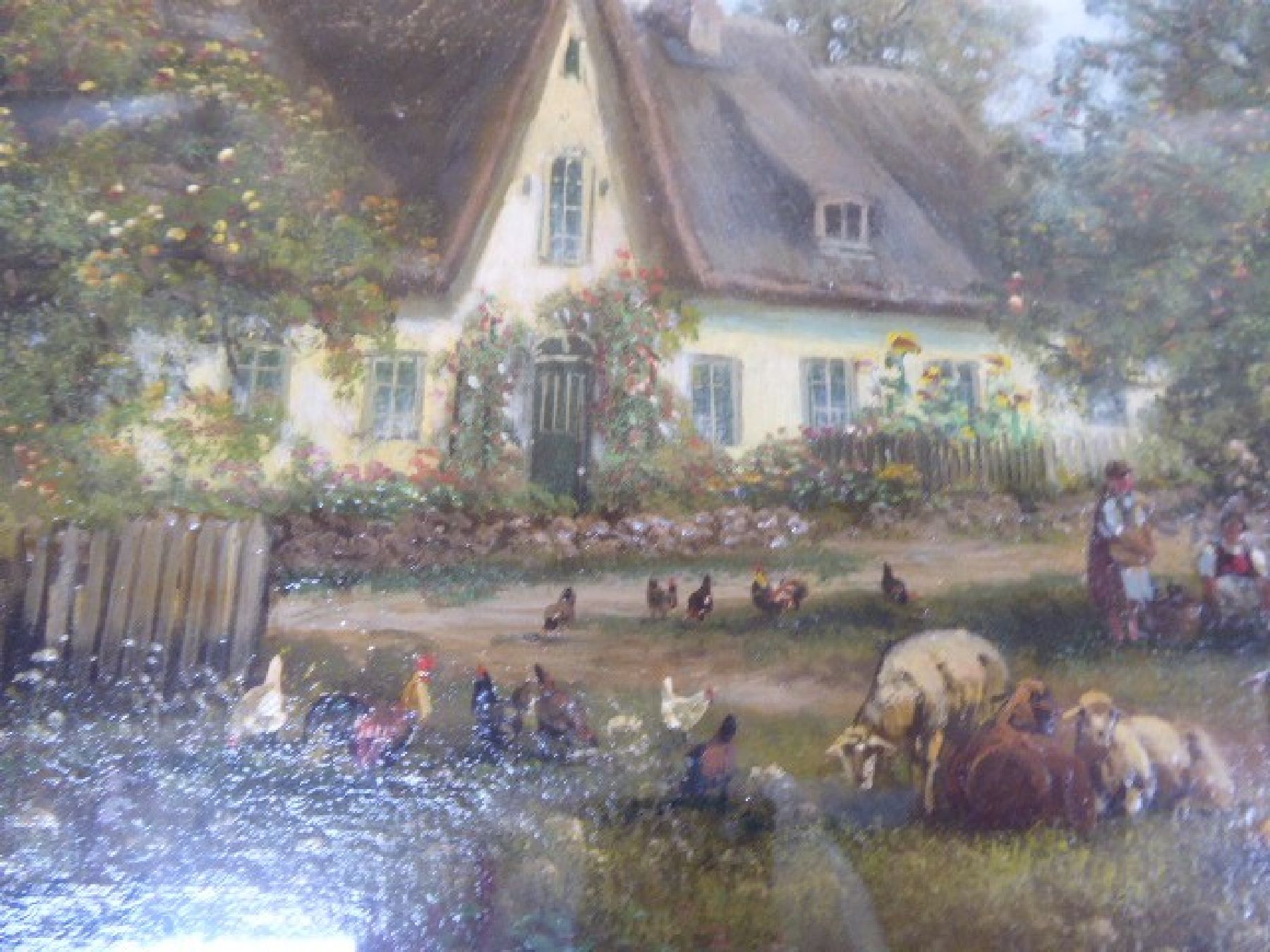 Detail e: Hubert Kaplan, geb. 1940 München, bäuerliche Idylle mit Apfelernte und Tieren, detailreiche Schilderung des bäuerlichen Lebens, im Hintergrund ...