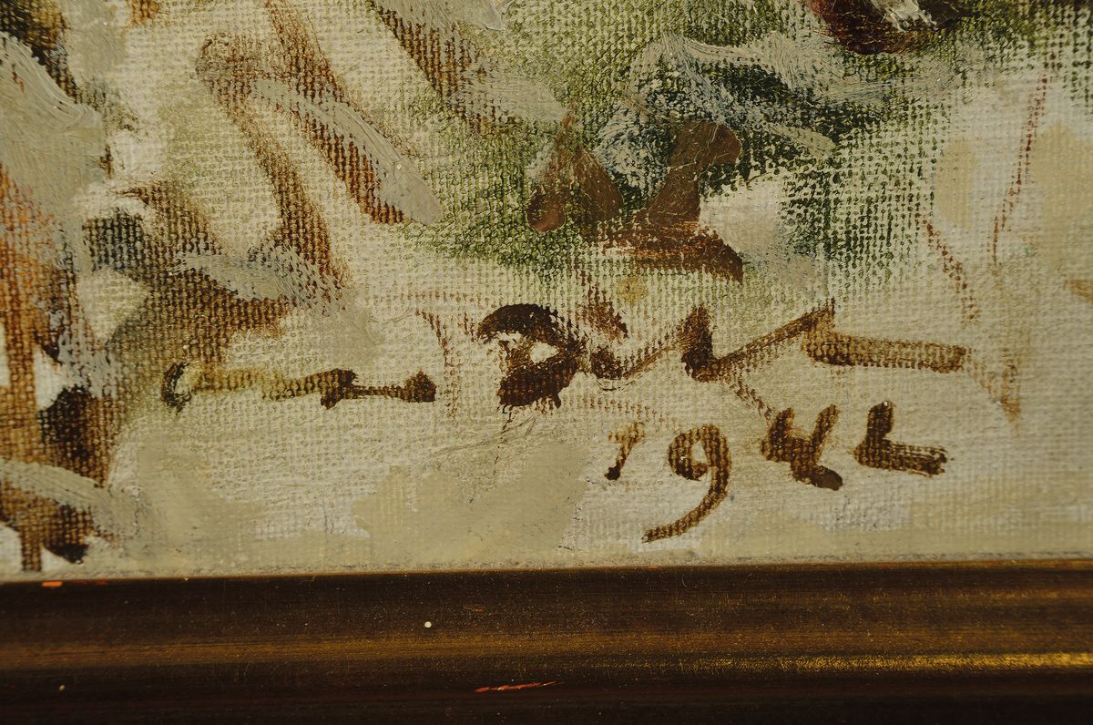 Detail a: Otto Dill, 1884 Neustadt - 1957 Bad Dürkheim, Patrouillenreiter im Winterwald, Öl/Lwd, re. u. signiert, leicht rest., gekonnte Darstellung des ...