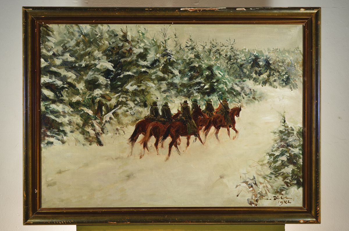 Detail k: Otto Dill, 1884 Neustadt - 1957 Bad Dürkheim, Patrouillenreiter im Winterwald, Öl/Lwd, re. u. signiert, leicht rest., gekonnte Darstellung des ...