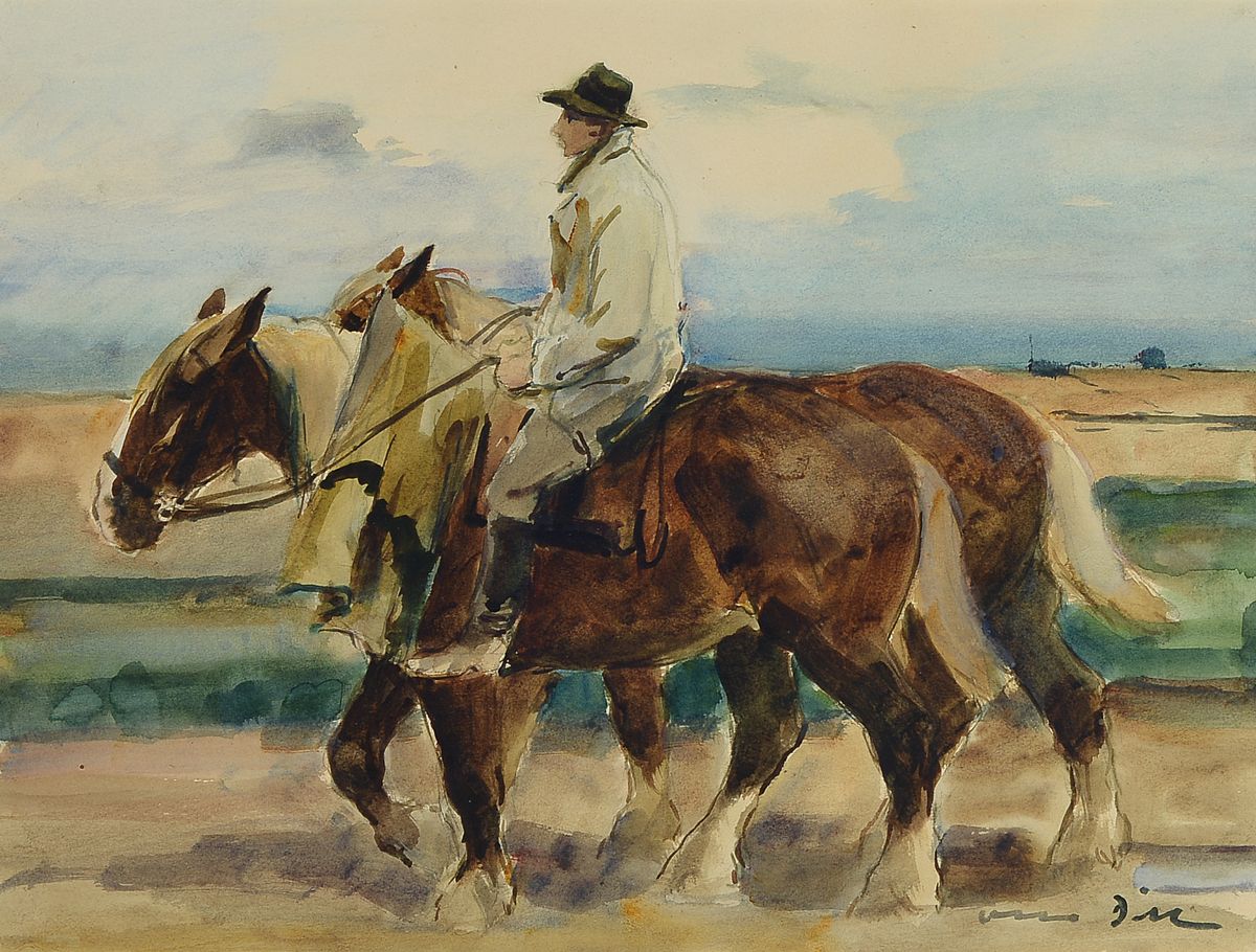 Otto Dill, 1884 Neustadt - 1957 Bad Dürkheim, Bauer mit zwei Kaltblütern, Aquarell/Papier,re. u. handsigniert, um 1930, ca. 32.5 x 42.5 cm, Rahmen ...