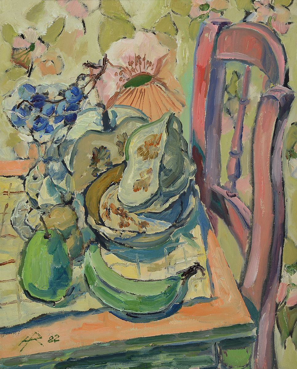 Heinz Reiss, geb. 1923 Haßloch, Stillleben mit Früchten und Blumen, Öl/Lwd, links unten monogrammiert und datiert 82, ca. 50x40cm, R. ca. 63x53cm