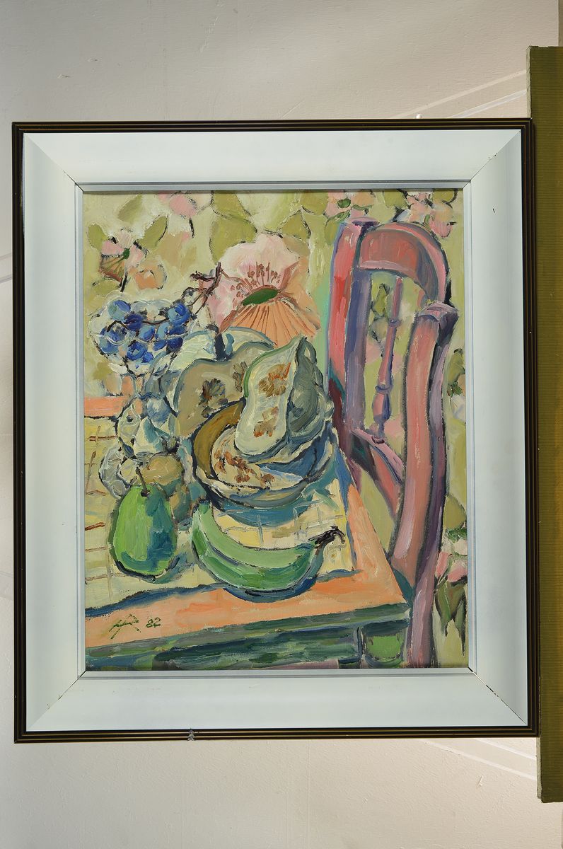 Detail k: Heinz Reiss, geb. 1923 Haßloch, Stillleben mit Früchten und Blumen, Öl/Lwd, links unten monogrammiert und datiert 82, ca. 50x40cm, R. ca. 63x53cm