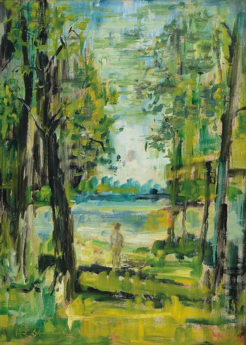 Heinz Reiss, geb. 1923 Haßloch, Am Waldweiher, Öl/Malkarton, links unten monogr. und dat. 61, ca. 80x57cm, R. ca. 83x 60cm
