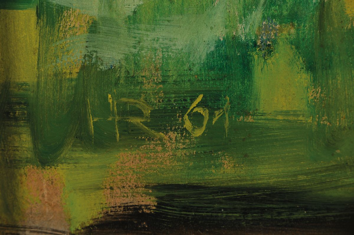 Detail a: Heinz Reiss, geb. 1923 Haßloch, Am Waldweiher, Öl/Malkarton, links unten monogr. und dat. 61, ca. 80x57cm, R. ca. 83x 60cm