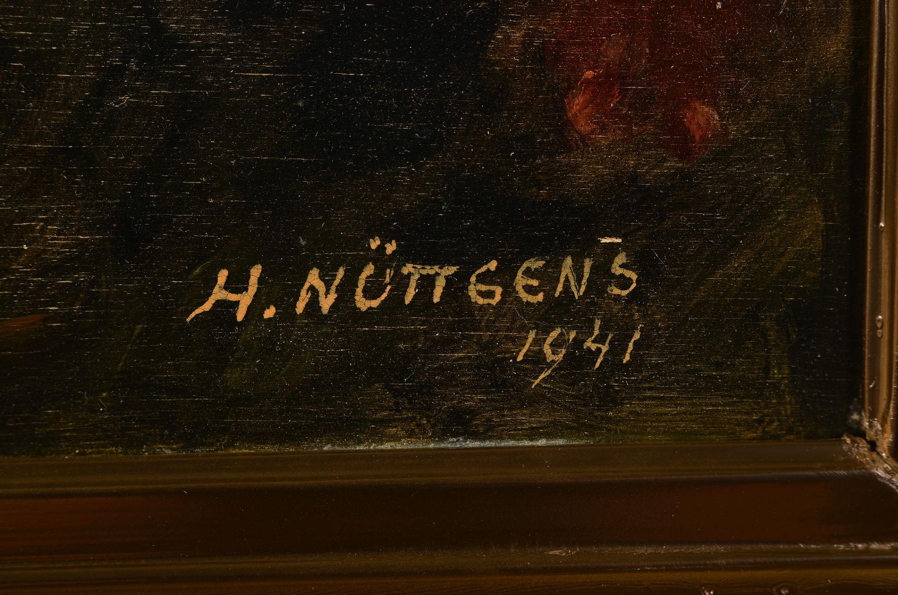 Detail a: Heinrich Nüttgens, 1866 Aachen-1951 Düsseldorf, blühender Busch im Garten, Öl/Holz, rechts unten signiert, datiert 1941, ca. 40x50cm, R. ca. ...