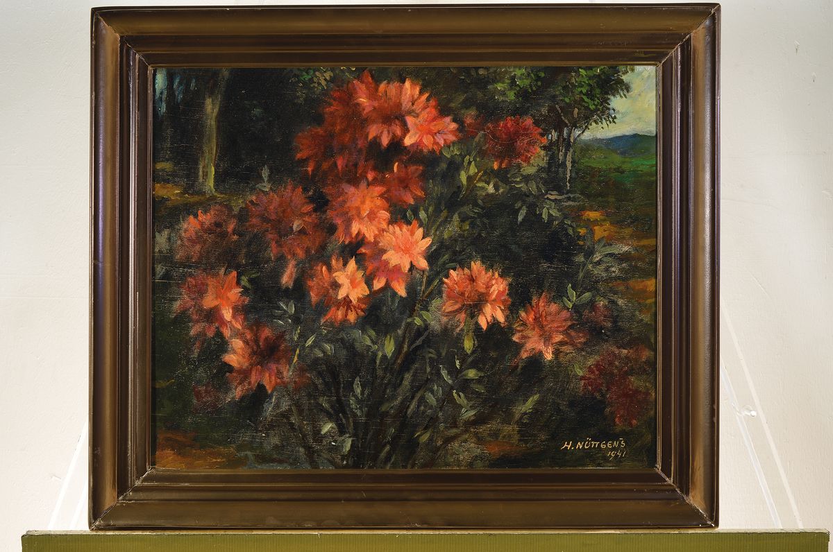 Detail k: Heinrich Nüttgens, 1866 Aachen-1951 Düsseldorf, blühender Busch im Garten, Öl/Holz, rechts unten signiert, datiert 1941, ca. 40x50cm, R. ca. ...