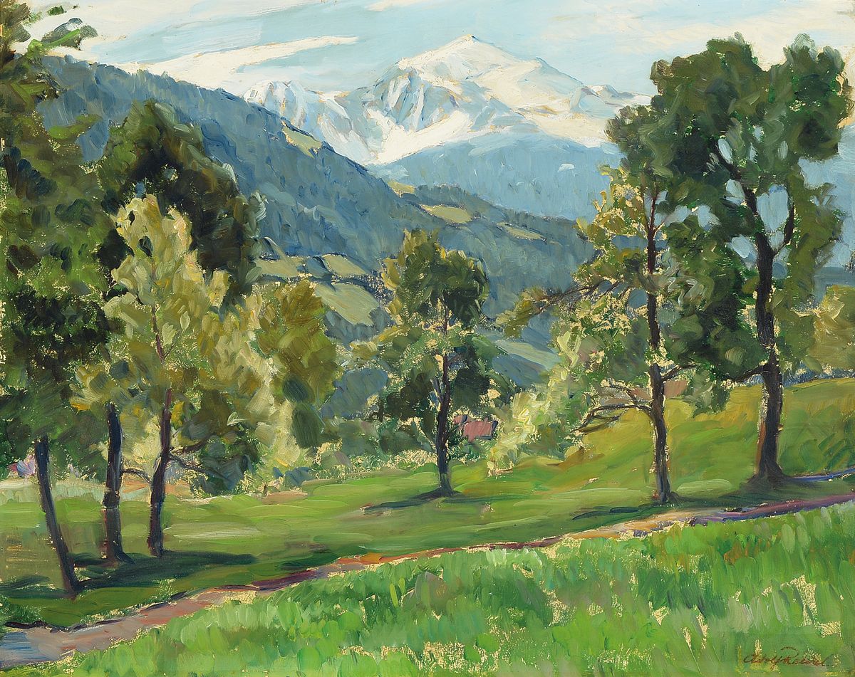 Adolf Reidel, 1894 Ingolstadt-1972 Landsberg, Voralpenlandschaft, im Hintergrund schneebedeckter Berg, Öl/Holz, rechts unten signiert, ca. 44x55cm, ...