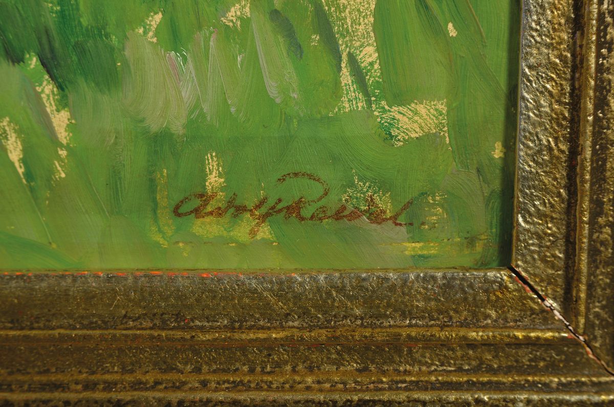 Detail a: Adolf Reidel, 1894 Ingolstadt-1972 Landsberg, Voralpenlandschaft, im Hintergrund schneebedeckter Berg, Öl/Holz, rechts unten signiert, ca. 44x55cm, ...