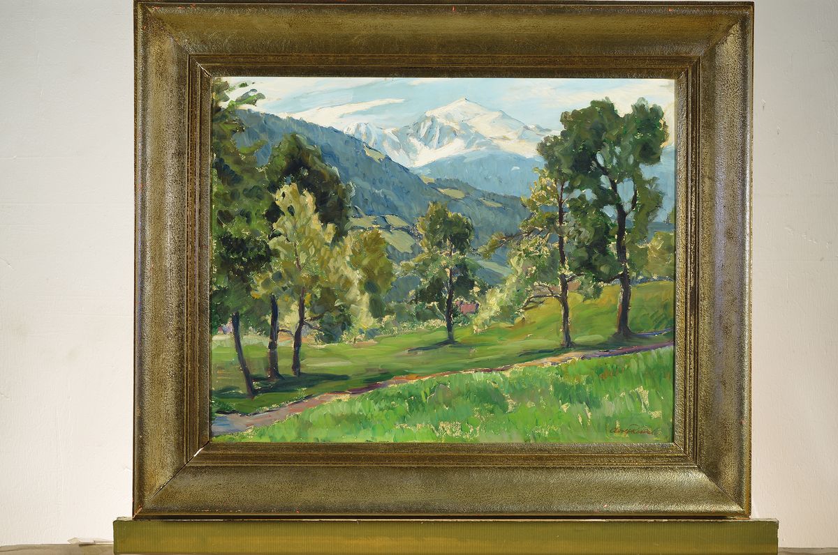 Detail k: Adolf Reidel, 1894 Ingolstadt-1972 Landsberg, Voralpenlandschaft, im Hintergrund schneebedeckter Berg, Öl/Holz, rechts unten signiert, ca. 44x55cm, ...