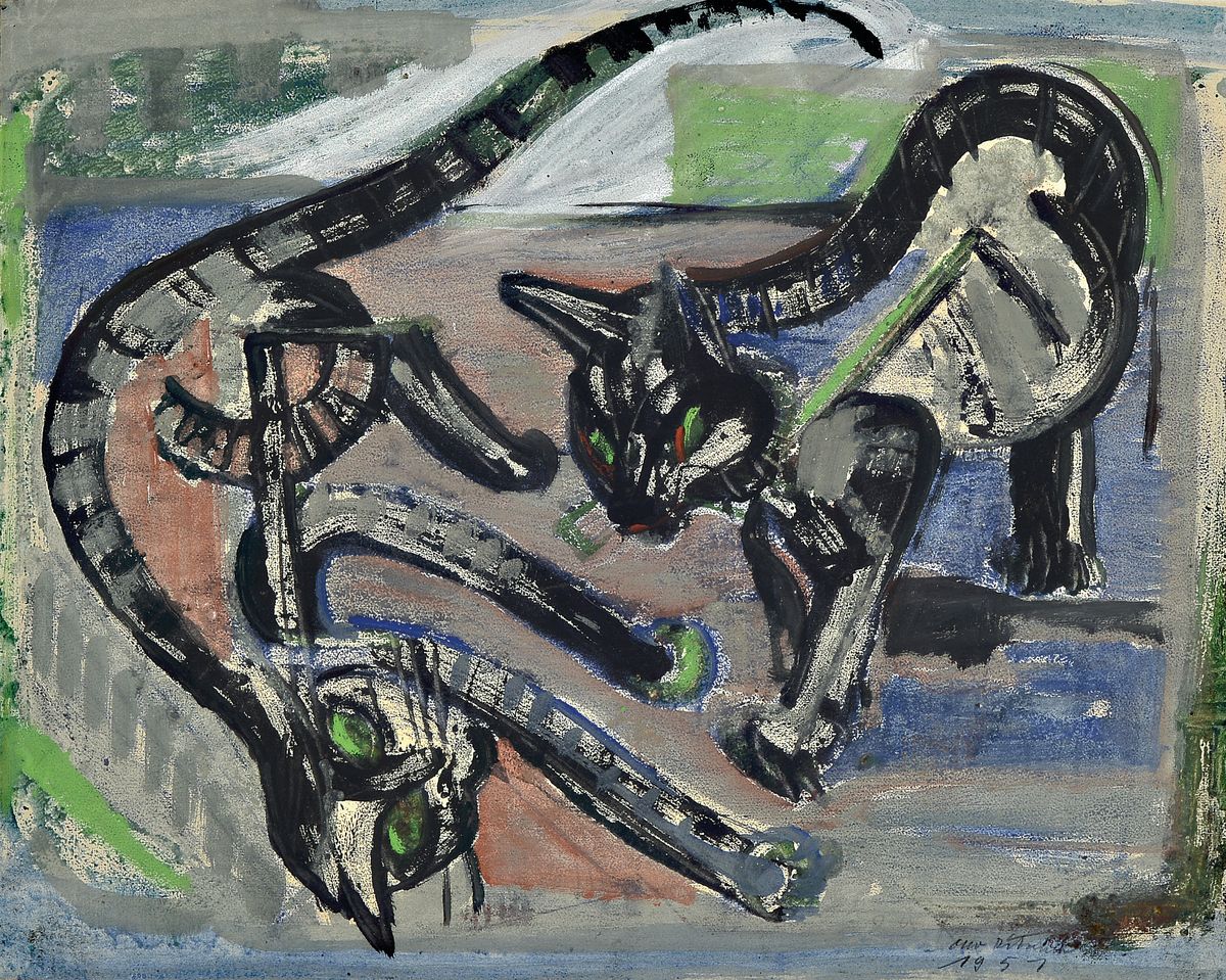 Otto Ditscher, 1903 Neuhofen-1987, zwei Katzen, Gouache und Wachs auf Papier, rechts unten signiert und dat. 1951, ca. 45x57cm, PP, u.Gl., R. ca. ...