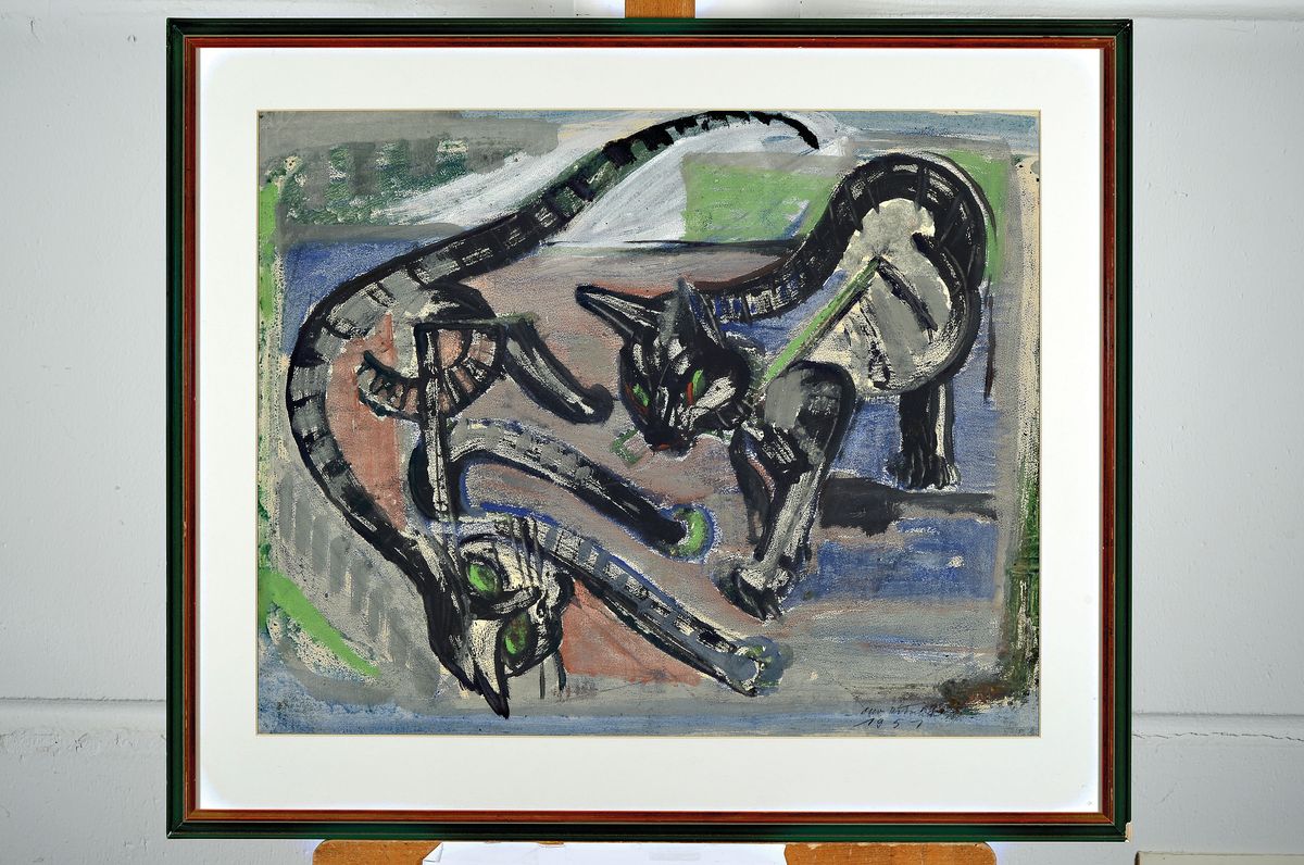 Detail k: Otto Ditscher, 1903 Neuhofen-1987, zwei Katzen, Gouache und Wachs auf Papier, rechts unten signiert und dat. 1951, ca. 45x57cm, PP, u.Gl., R. ca. ...