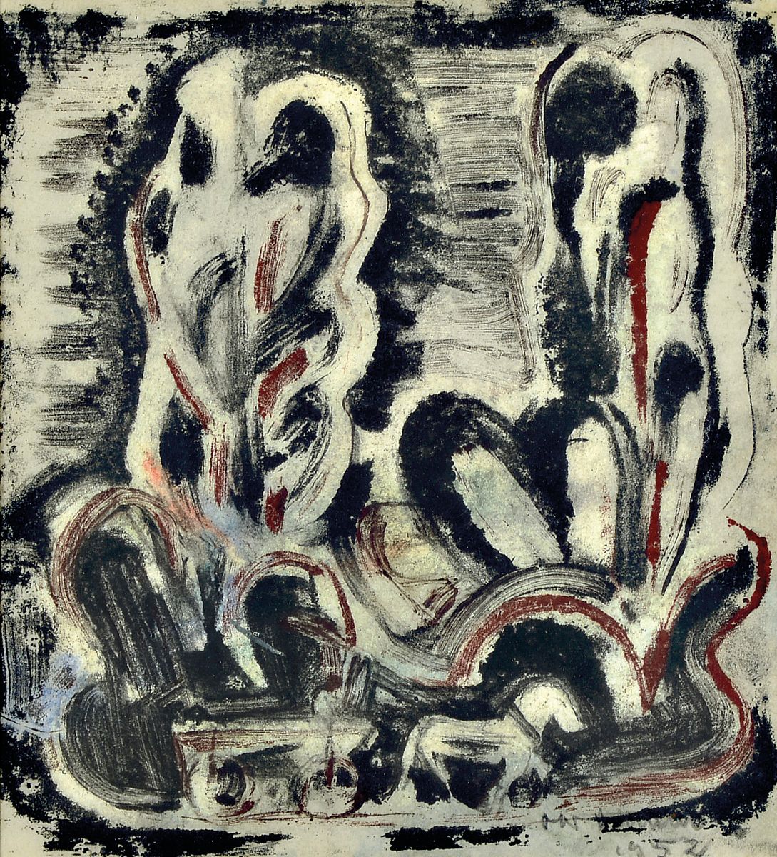 Otto Ditscher, 1903 Neuhofen-1987, Pferdefuhrwerk in Landschaft mit übergroßen Pappeln, Gouache auf Papier, signiert und dat. 1952, ca. 28x25cm, ...