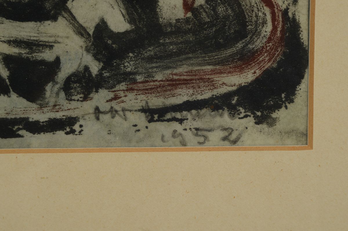 Detail a: Otto Ditscher, 1903 Neuhofen-1987, Pferdefuhrwerk in Landschaft mit übergroßen Pappeln, Gouache auf Papier, signiert und dat. 1952, ca. 28x25cm, ...