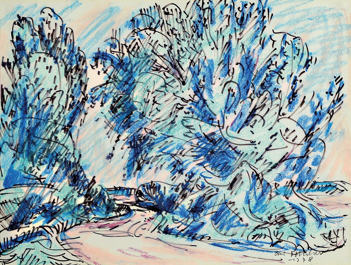 Otto Ditscher, 1903 Neuhofen-1987, zwei Farbstiftzeichnungen, Landschaften um Neuhofen, beide signiert und dat. 1978 bzw. 1983, je ca. 23x31cm, PP, ...