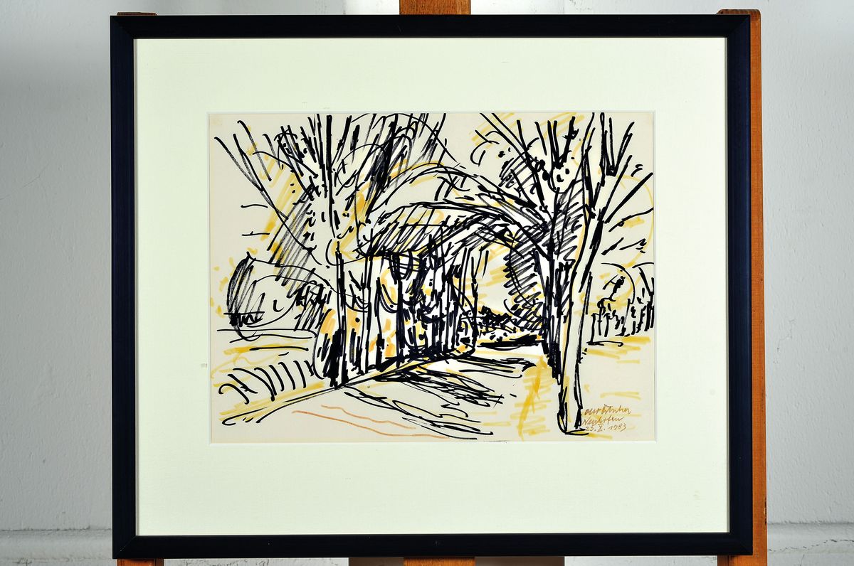 Detail l: Otto Ditscher, 1903 Neuhofen-1987, zwei Farbstiftzeichnungen, Landschaften um Neuhofen, beide signiert und dat. 1978 bzw. 1983, je ca. 23x31cm, PP, ...