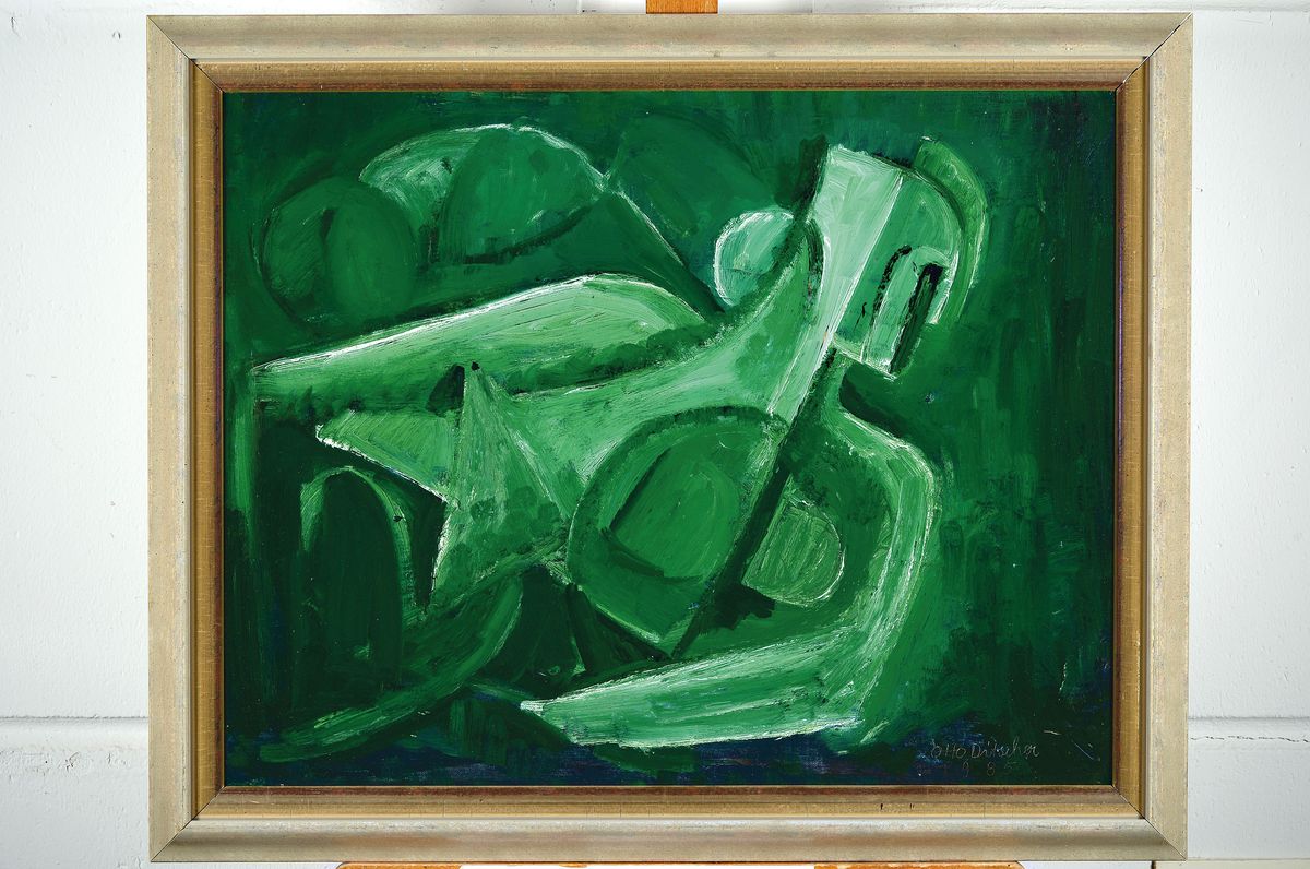 Detail k: Otto Ditscher, 1903 Neuhofen-1987, Figurativ Komposition in Grün, Öl/Malkarton, signiert und datiert 85, rückseitig betitelt, ca. 50x65cm, R. ca. ...